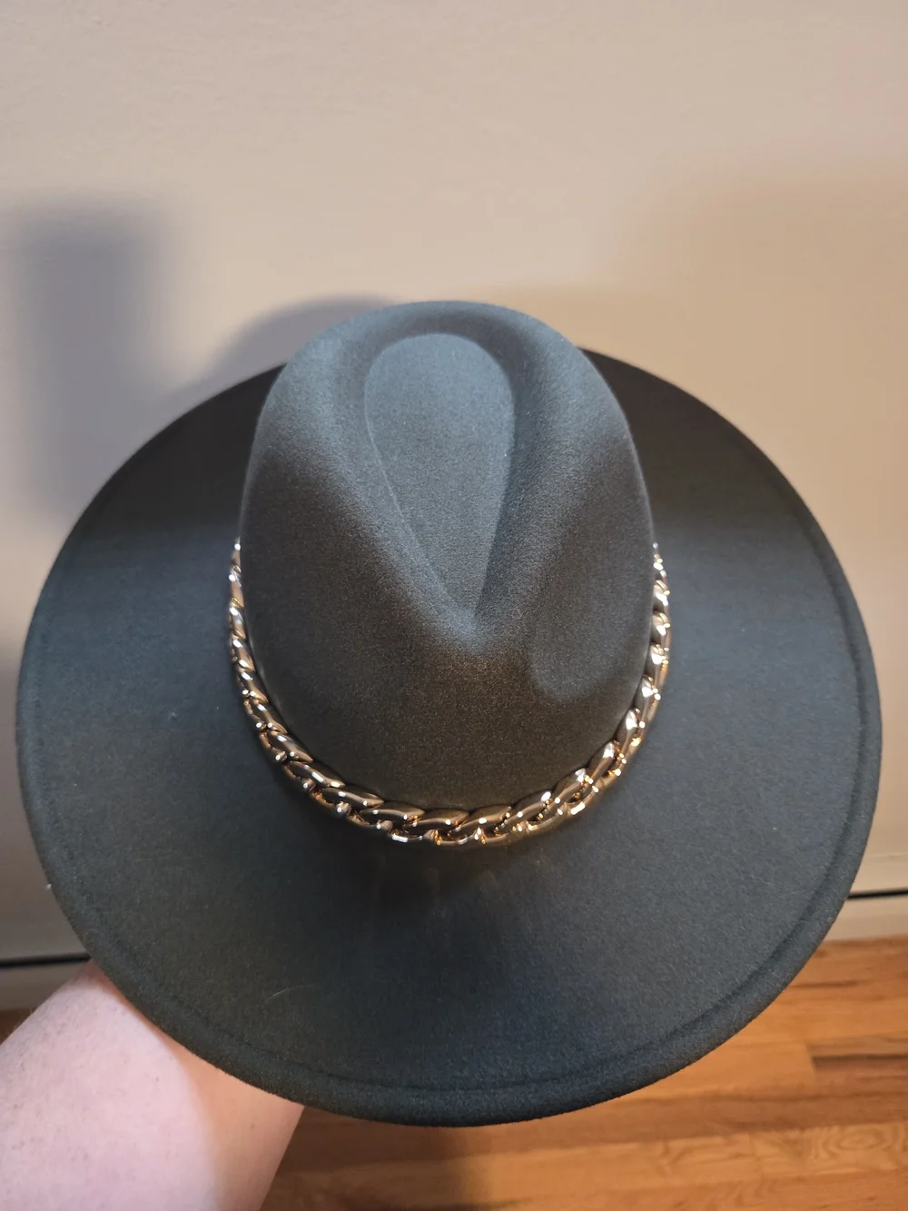 Hunter Green Felt Wide Brim Hat with Gold Chain Accent